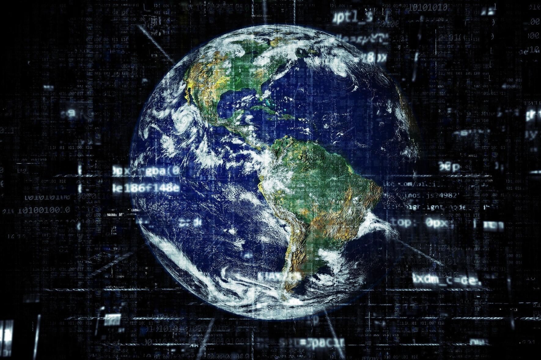Abbildung einer Erde und naturwissenschaftlicher Gleichungen zur Veranschaulichung von Internet, Erde, Universum, Technologie.