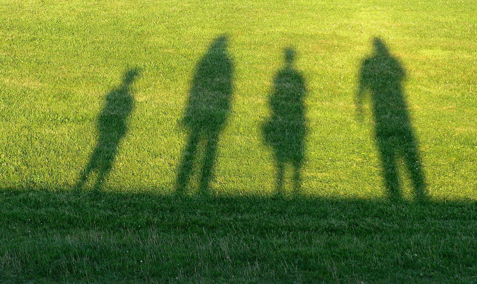 Der Schatten einer Familie (Eltern und zwei Kinder) auf grünem Rasen.