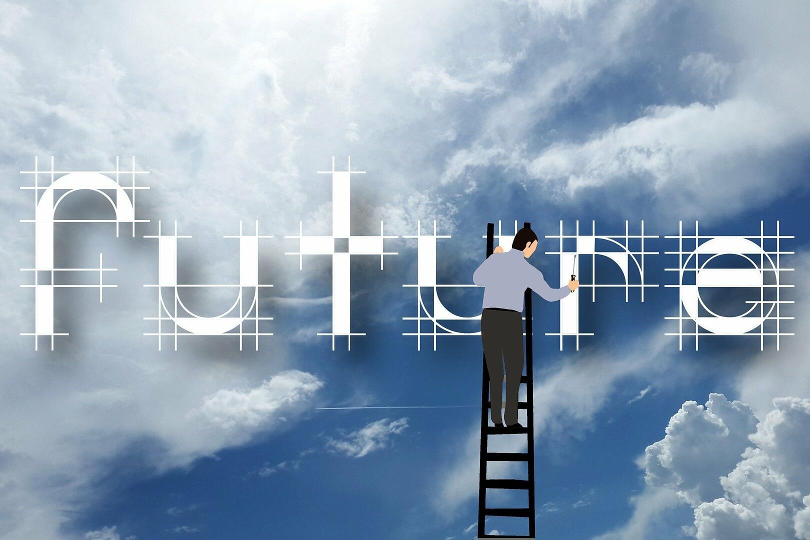 Schriftzug FUTURE vor dem Hintergrund von Wolken