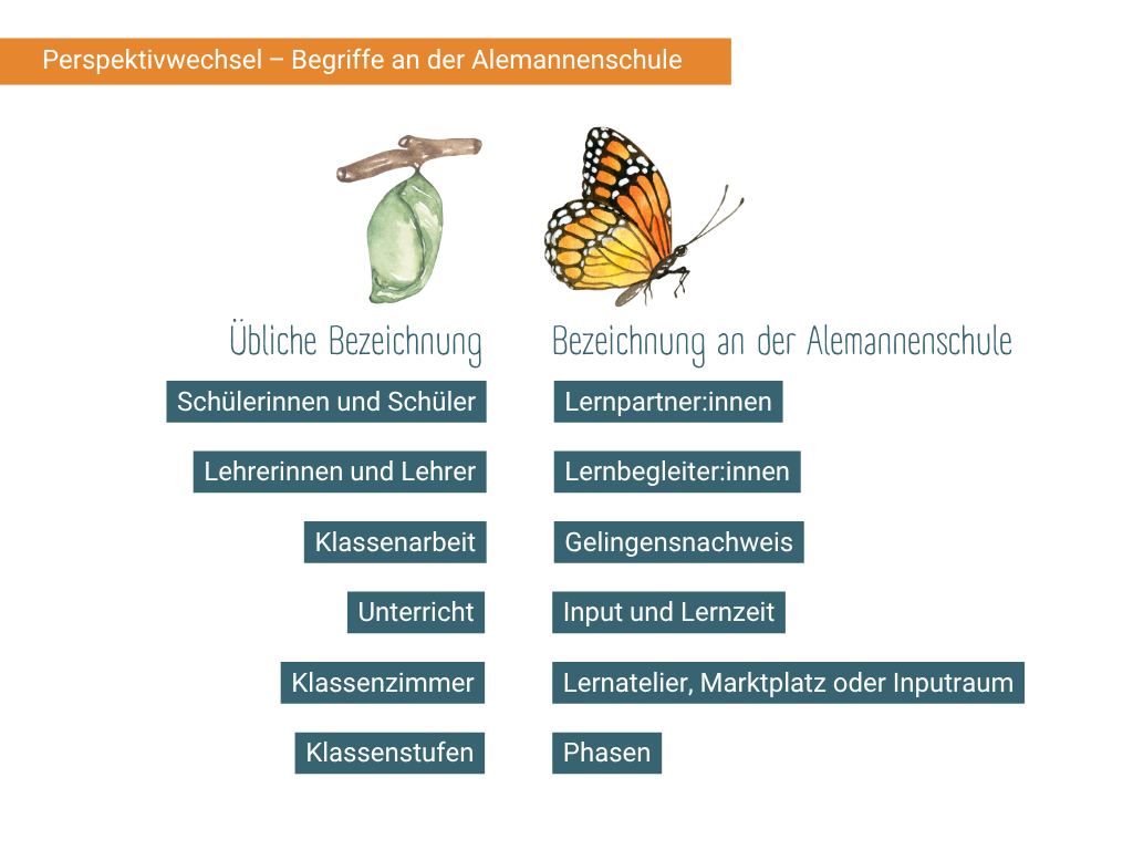 Grafik, die im schulischen Kontext übliche Begriffe den Bezeichnungen an der Alemannenschule Wutöschingen gegenüberstellt:

Übliche Bezeichnung: Schülerinnen und Schüler	
Bezeichnung an der Alemannenschule Wutöschingen: Lernpartner:innen

Übliche Bezeichnung: Lehrerinnen und Lehrer
Bezeichnung an der Alemannenschule Wutöschingen: Lernbegleiter:innen

Übliche Bezeichnung: Klassenarbeit	
Bezeichnung an der Alemannenschule Wutöschingen: Gelingensnachweis

Übliche Bezeichnung: Unterricht
Bezeichnung an der Alemannenschule Wutöschingen: Input und Lernzeit

Übliche Bezeichnung: Klassenzimmer	
Bezeichnung an der Alemannenschule Wutöschingen: Lernatelier, Marktplatz oder Inputraum

Übliche Bezeichnung: Klassenstufen	
Bezeichnung an der Alemannenschule Wutöschingen: Phasen