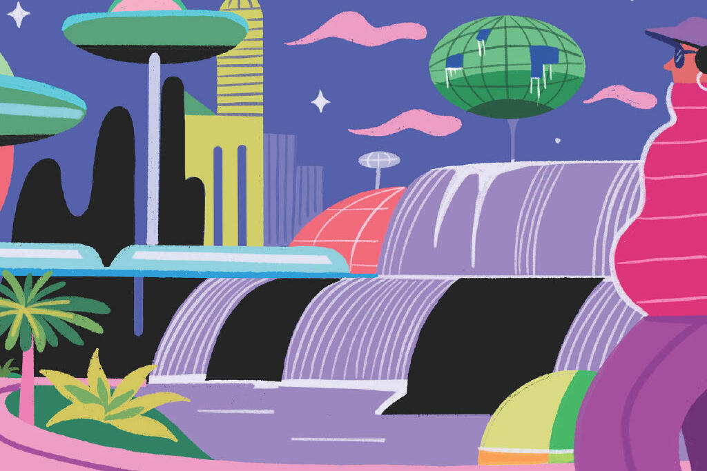 Grafische, bunte Darstellung der Welt draußen mit Wasserfall, Häusern und Menschen.