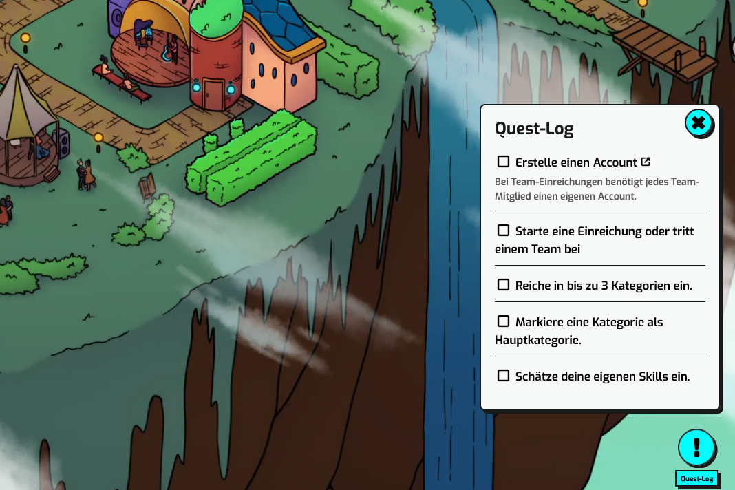 Screenshot eines Seitenausschnitts der Website https://gamestalente.de/ mit ausgeklappten Quest-Log als Mitmachanleitung bei GamesTalente.