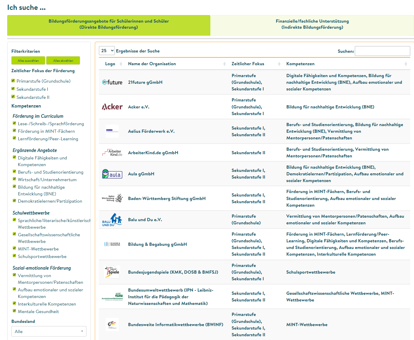 Screenshot Suchfunktion Bildungsförderkompass