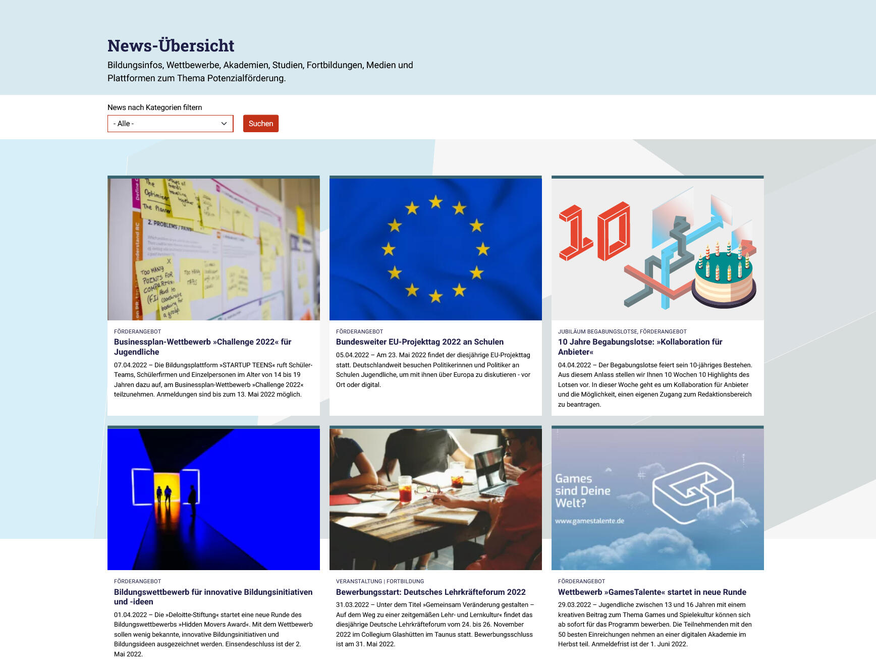 Screenshot der News-Übersichtsseite