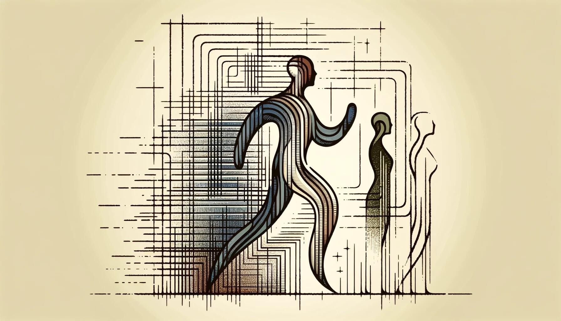 Mehrere Personen sind grafisch festgehalten, wie sie voranschreiten. Eine steht im Zentrum.