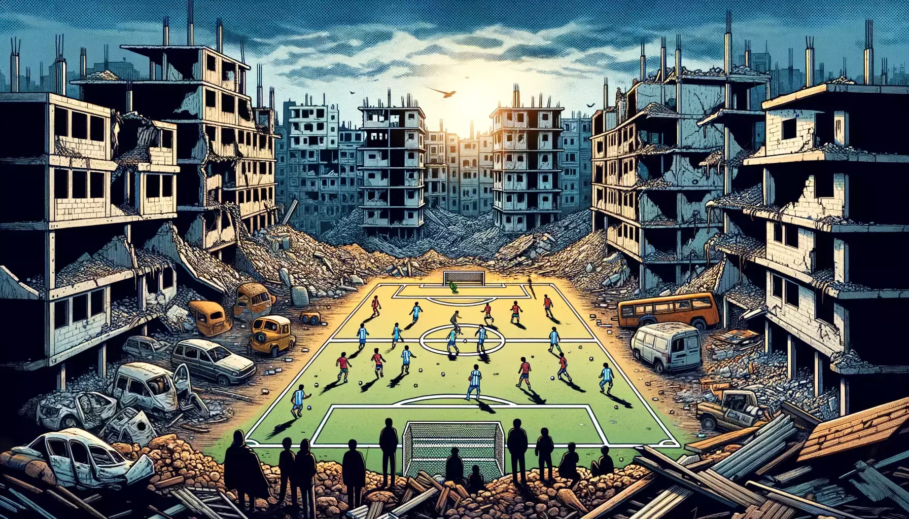 Comic: Fußballspiel zwischen Kriegstrümmern
