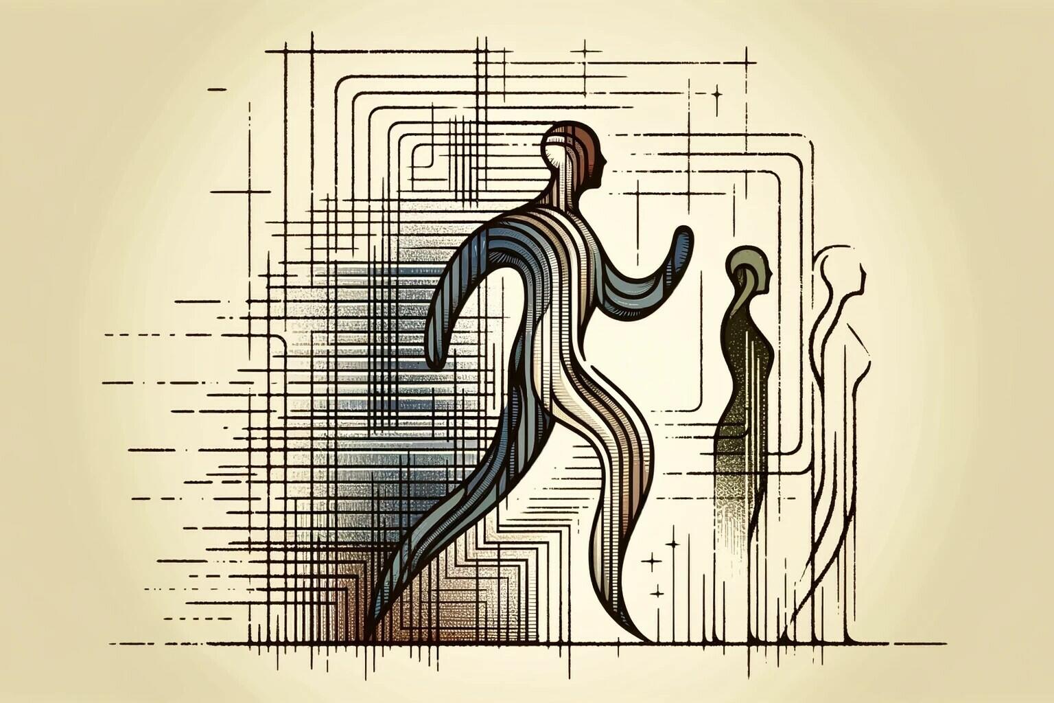 Visualisierung des Themas "Haltung bitte: Dynamisches Selbstbild und Weiterentwicklung" durch grafische Zeichnung von Personen im Bewegungsfluss.