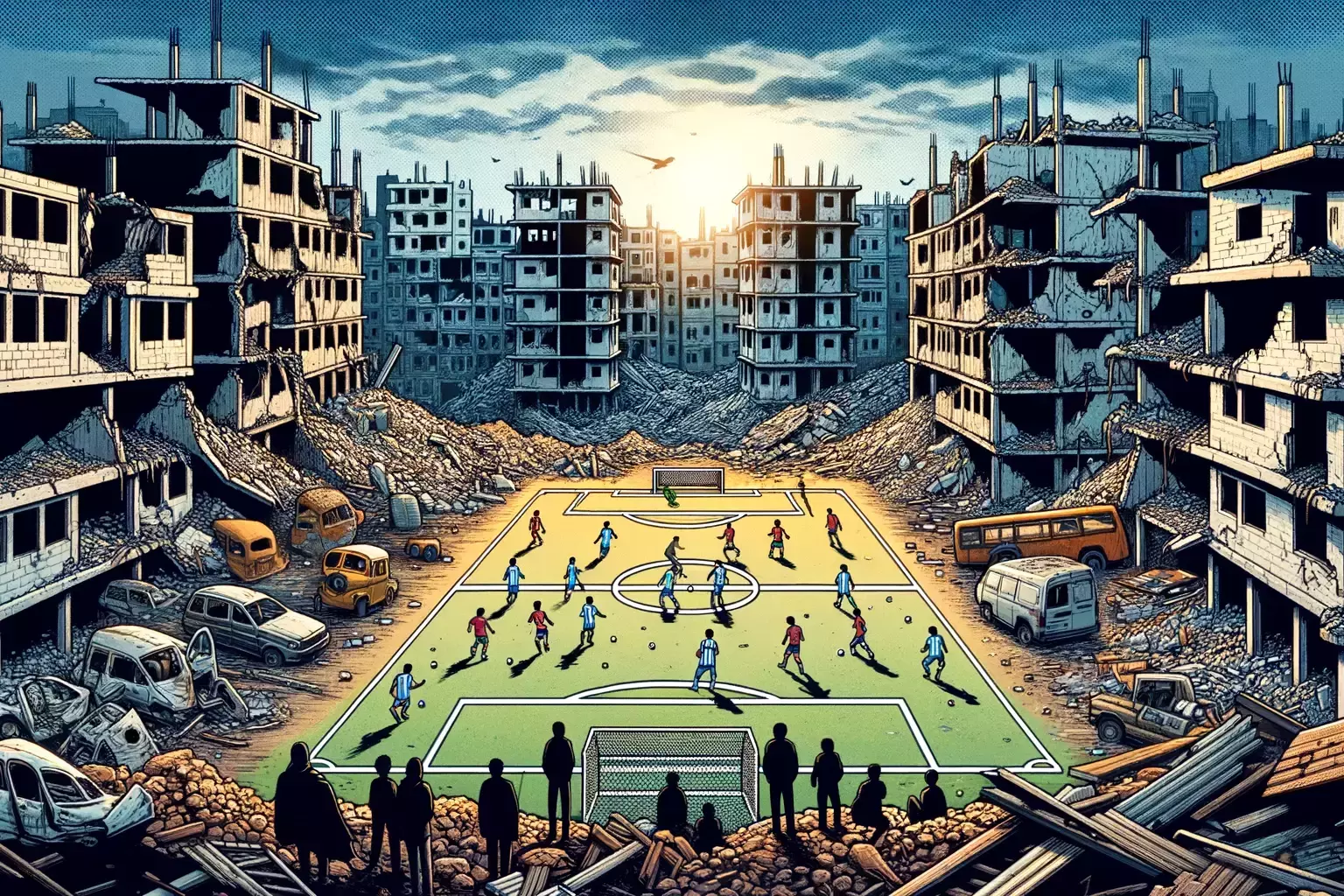 Comic: Fußballspiel zwischen Kriegstrümmern
