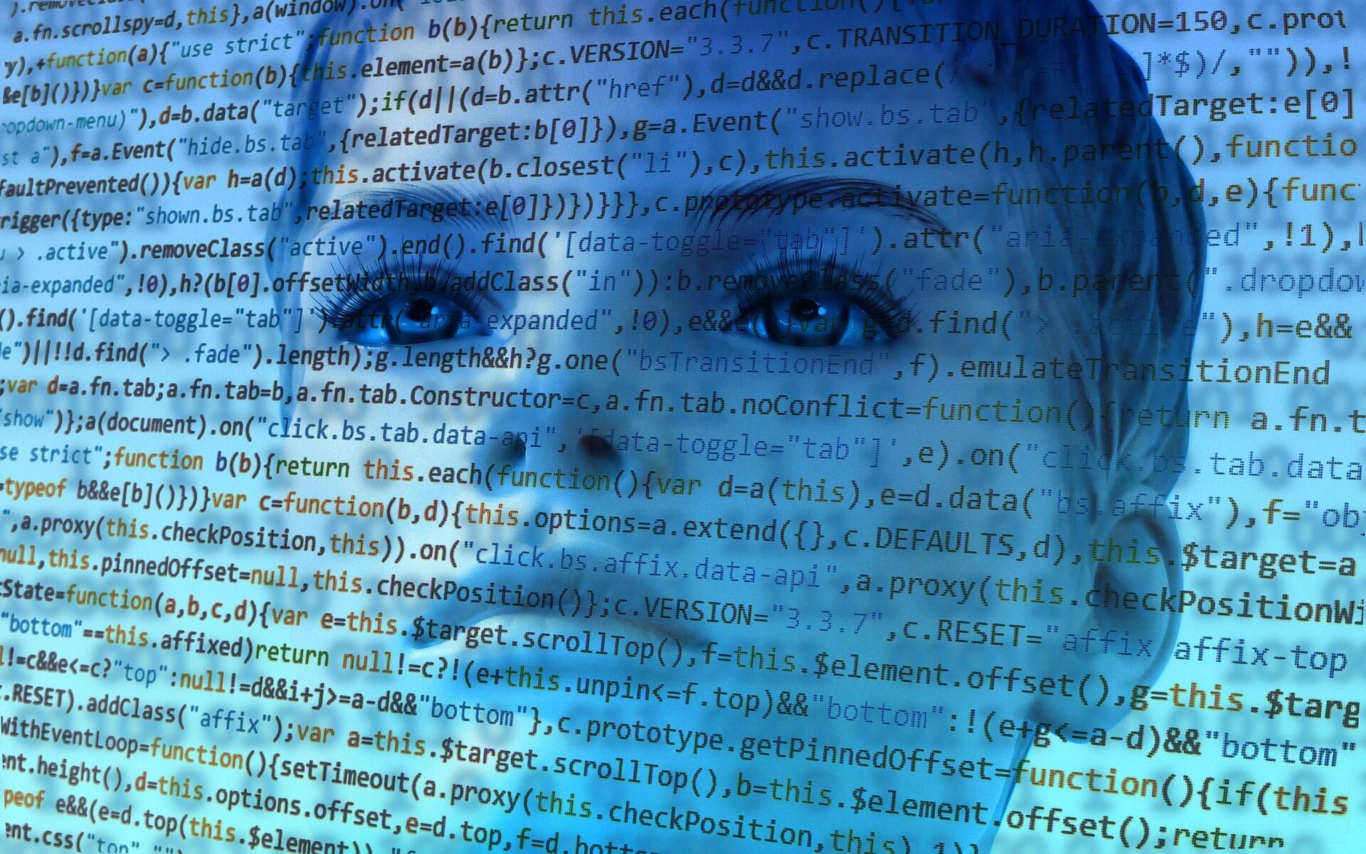 Gesicht, im Vordergrund Code