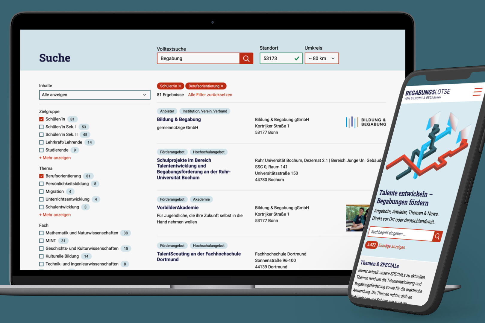 Bildschirm eines Laptops mit der Suchfunktion des Begabungslotsen