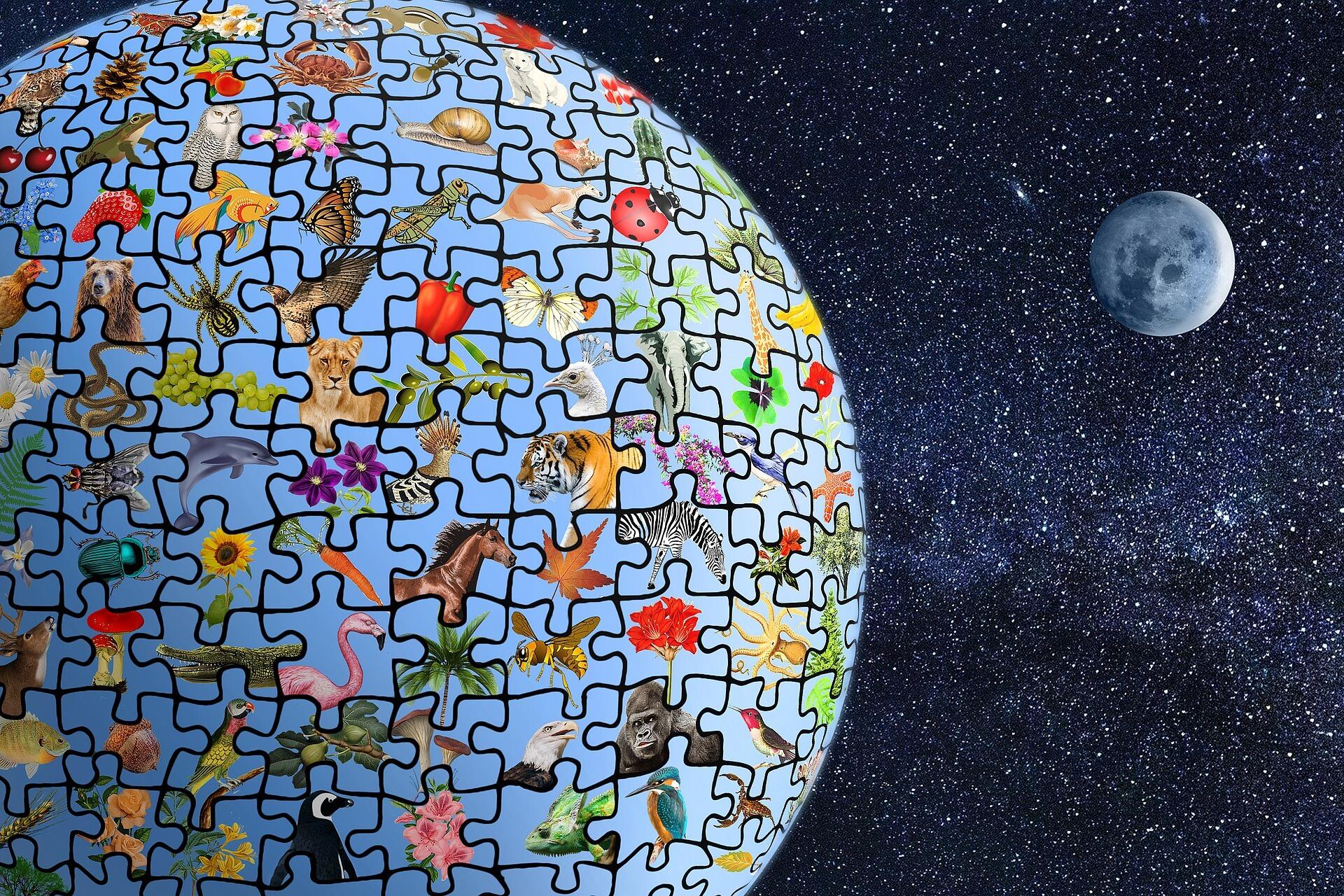 Puzzle von der Welt mit Tieren und Pflanzen