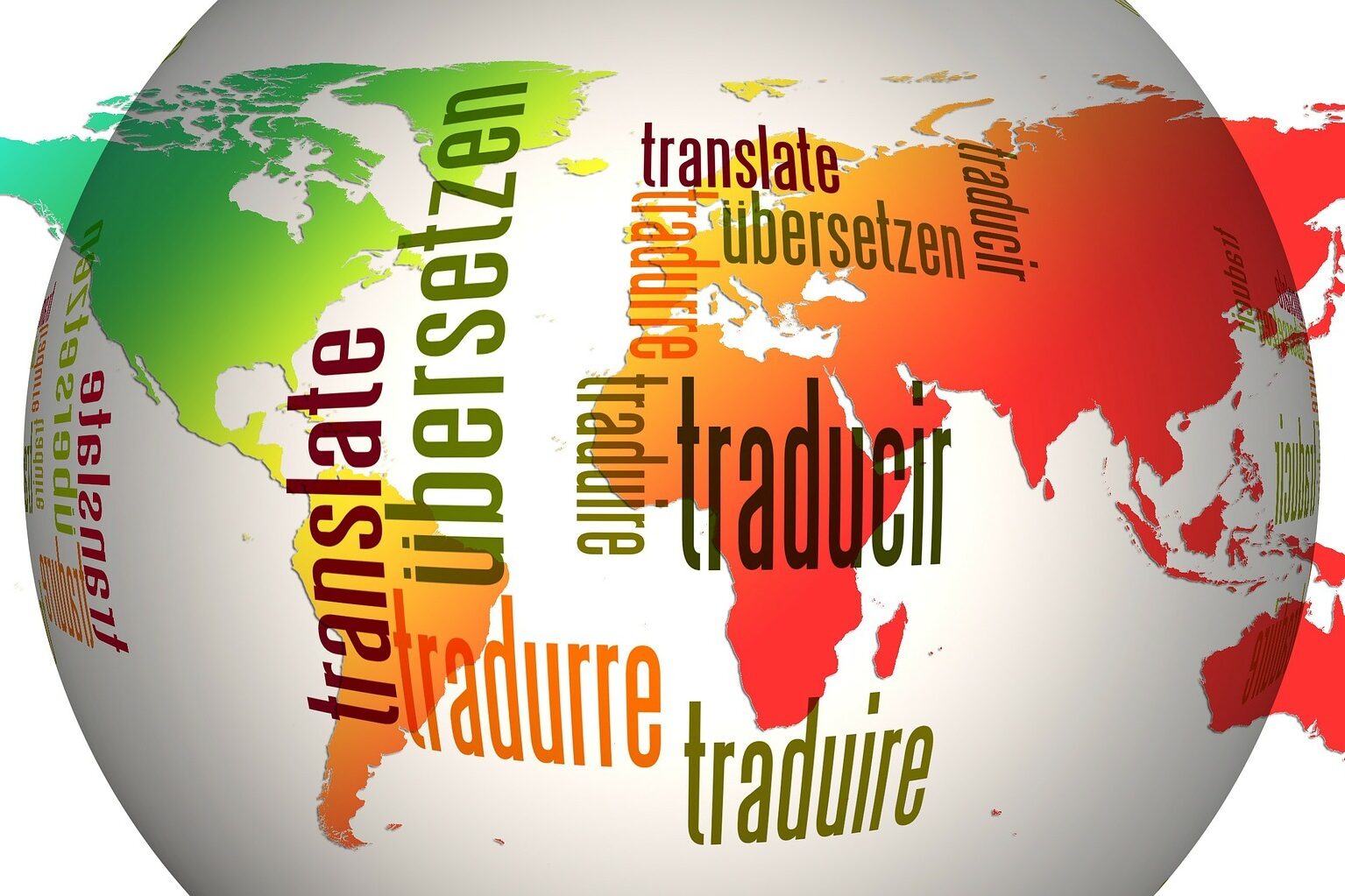 Eine Kugel mit Darstellung der Kontinente sowie der Aufschrift "Übersetzen" in verschiedenen Sprachen.