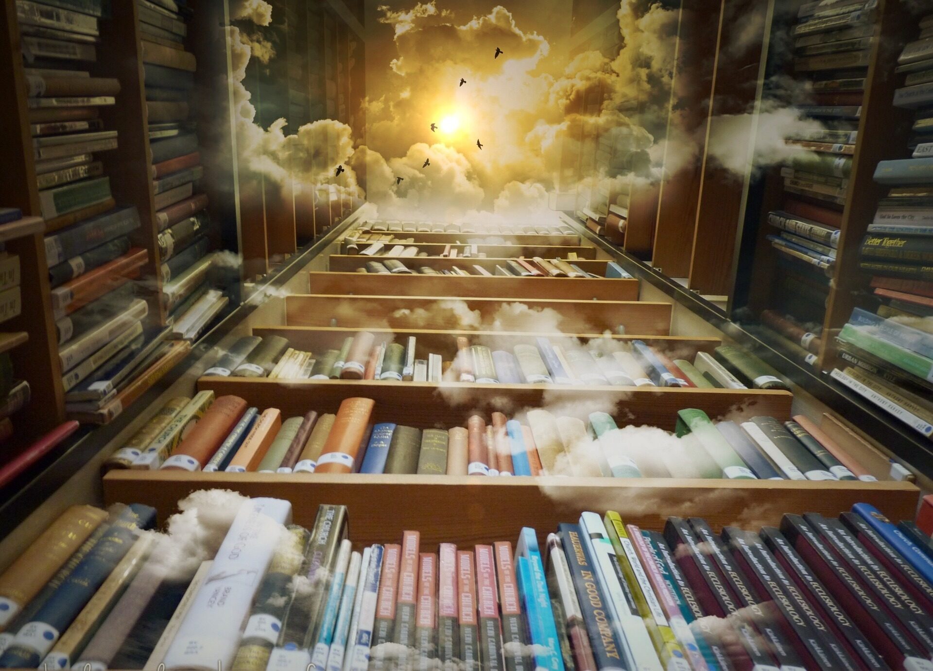 Bücherregal ragt in den Himmel