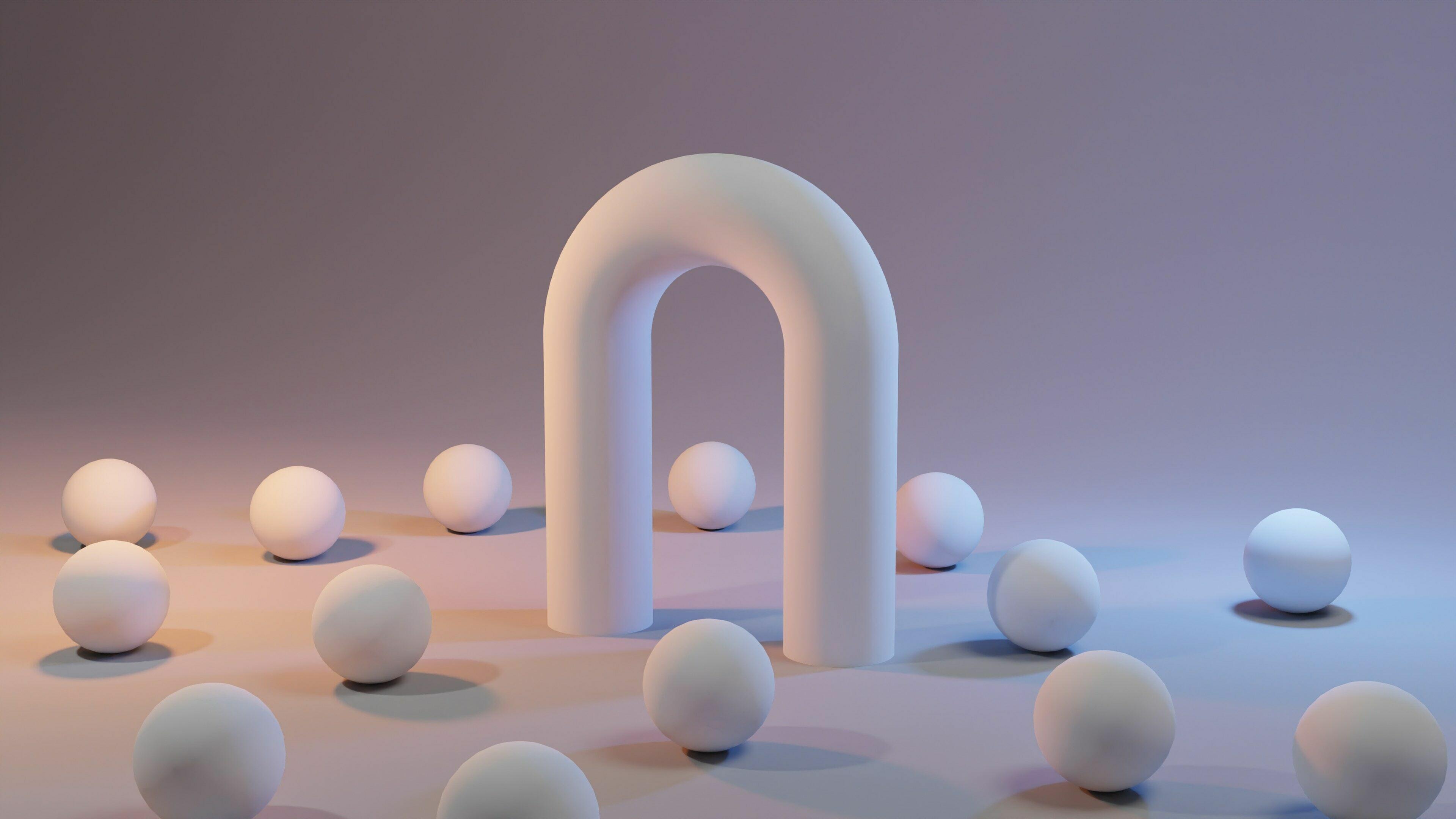 3D-Renderings in weiß. Eine Art Tor mit vielen Kugeln davor symbolisieren den Ort Schule.