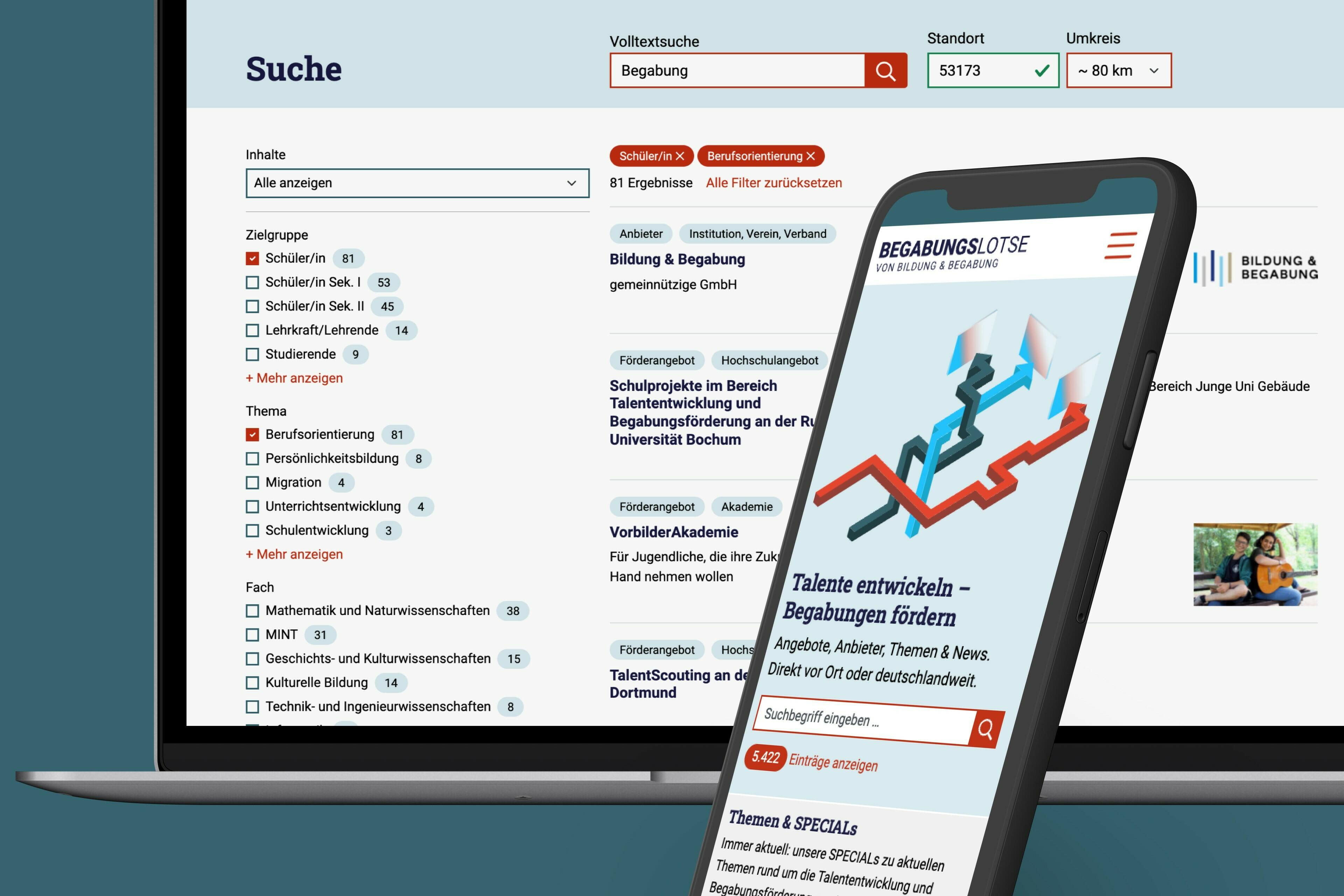 Abbildung der Suchmaske der Datenbank des Begabungslotsen.