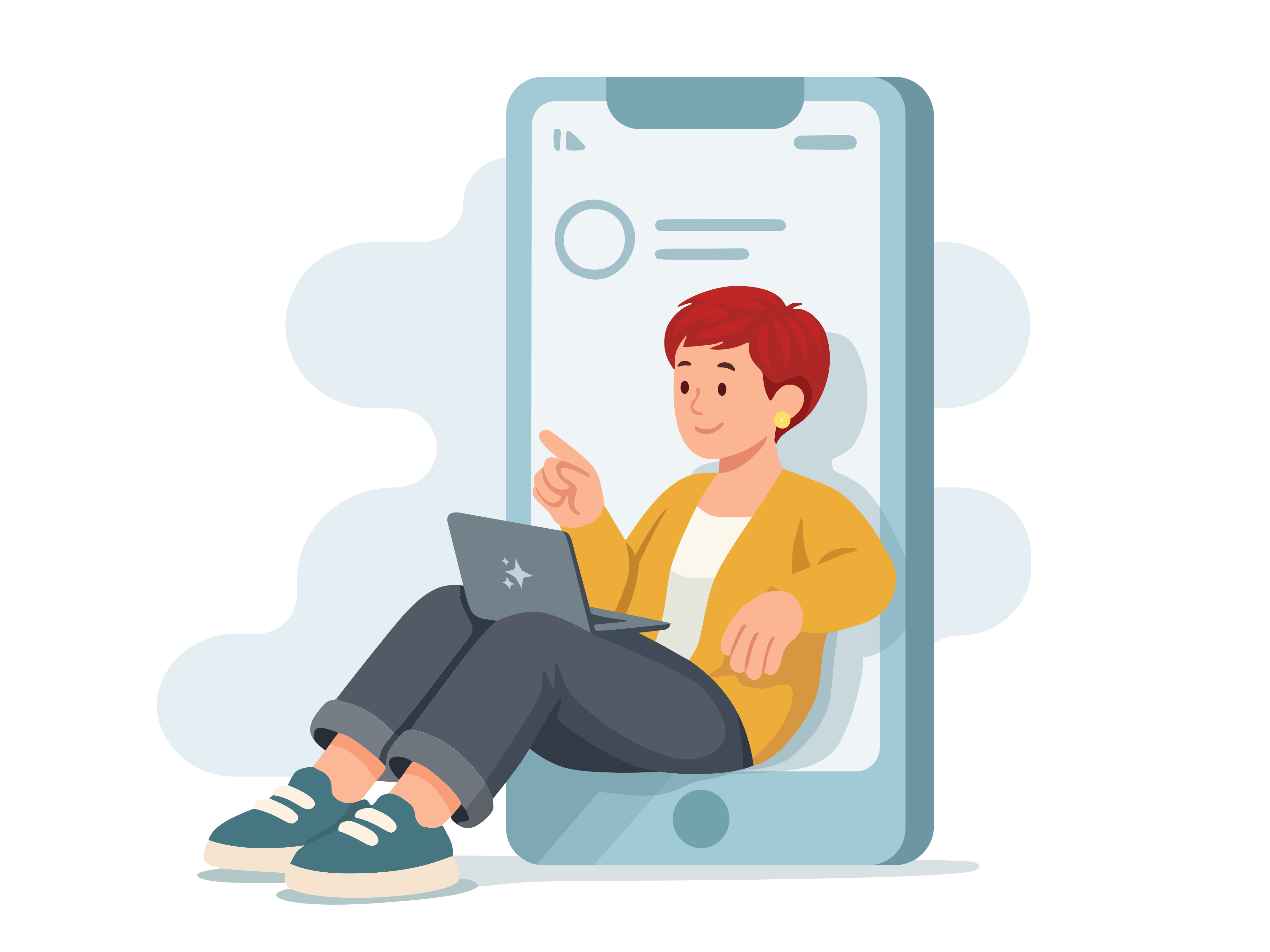 Eine freundliche, illustrierte Figur mit Laptop sitzt im Rahmen eines großen Smartphones und weist erklärend auf Inhalte im digitalen Raum hin.