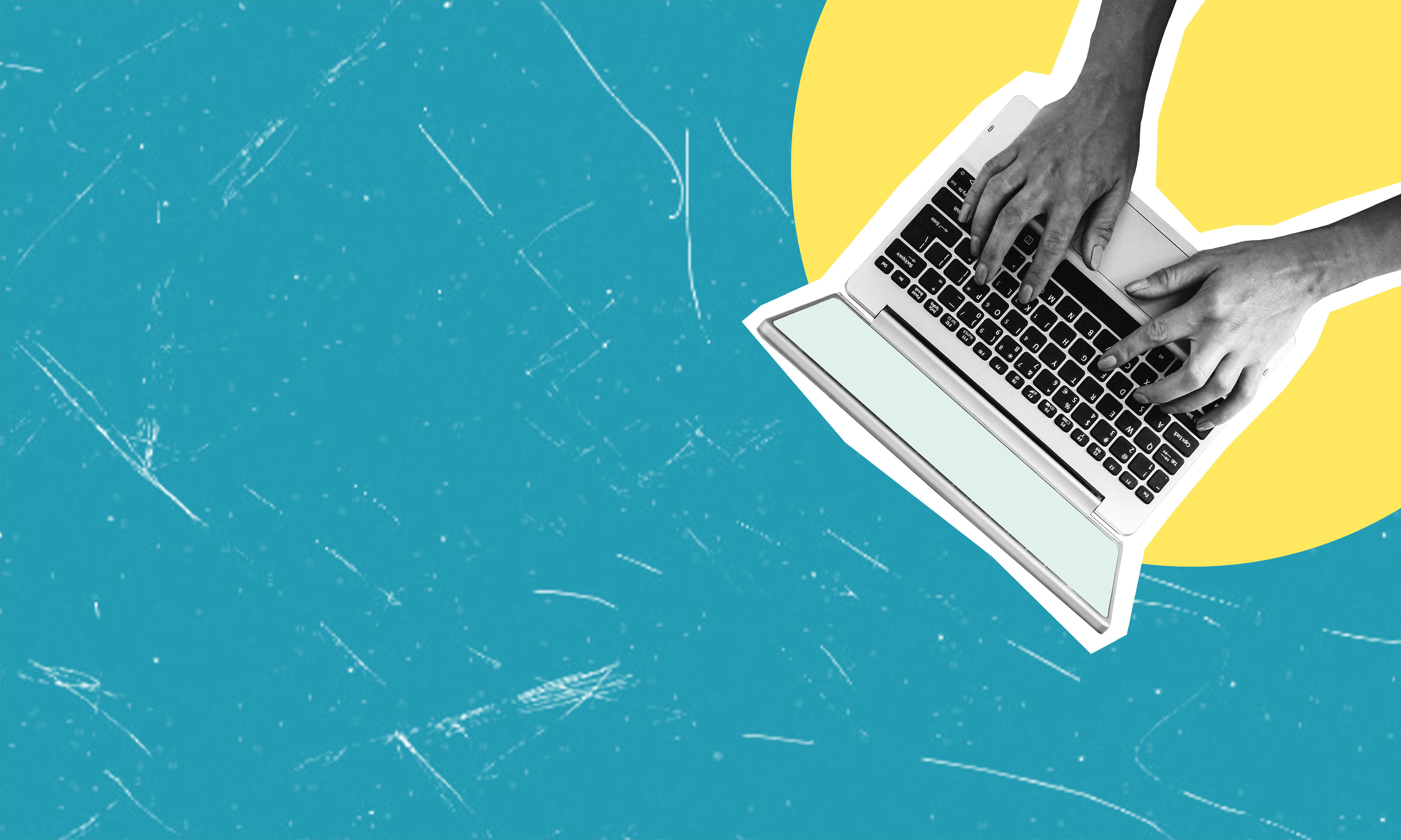 Darstellung eines Laptops und zweier Hände, die auf der Tastatur etwas schreiben. Symbol für Suche nach Informationen im Wissensspeicher.