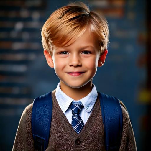 Blonder Junge mit Rucksack und schickem Outfit