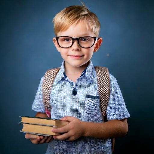 Blonder Junge mit Brille, Rucksack und Büchern
