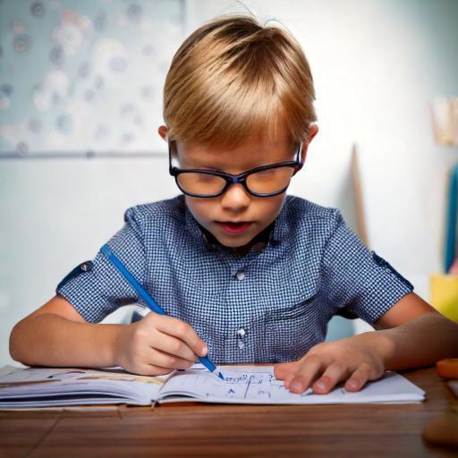 Blonder Junge mit Brille arbeitet konzentriert