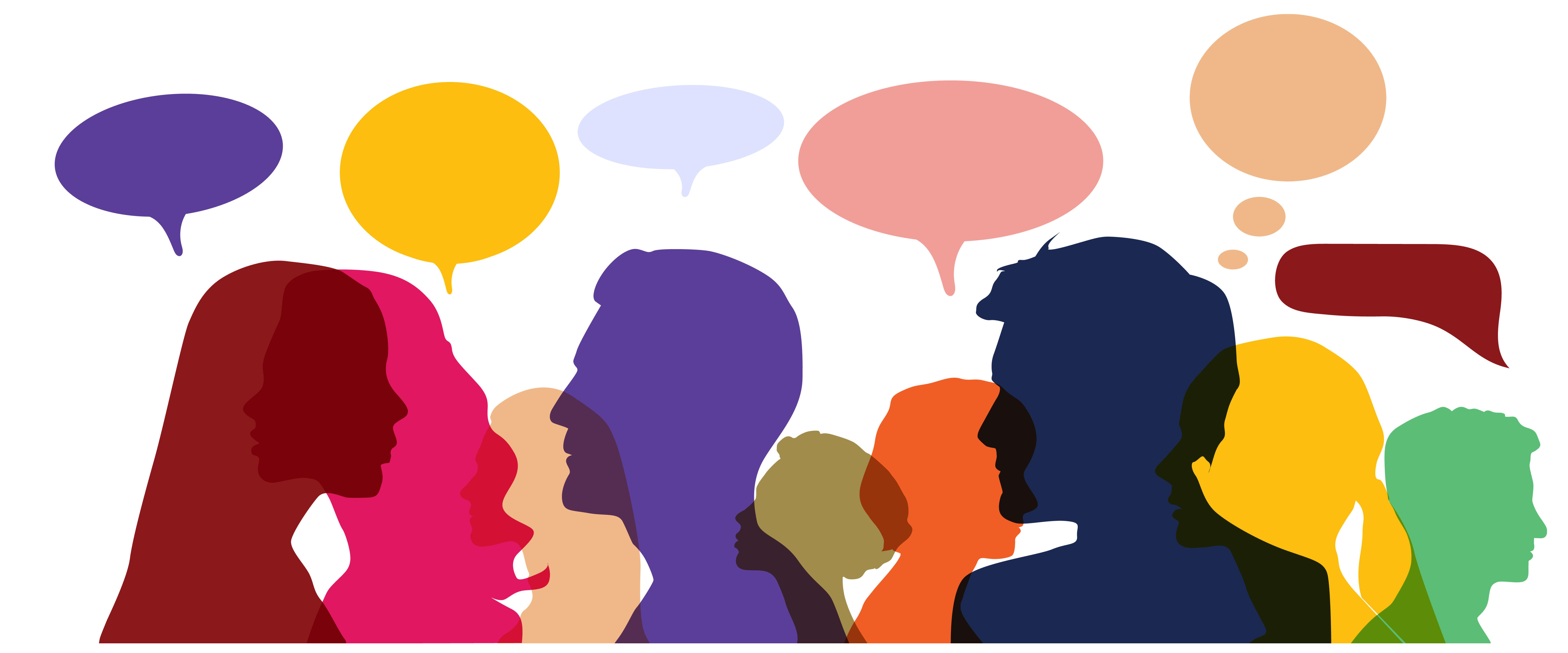 Bunt illustrierte Menschen mit Sprechblasen