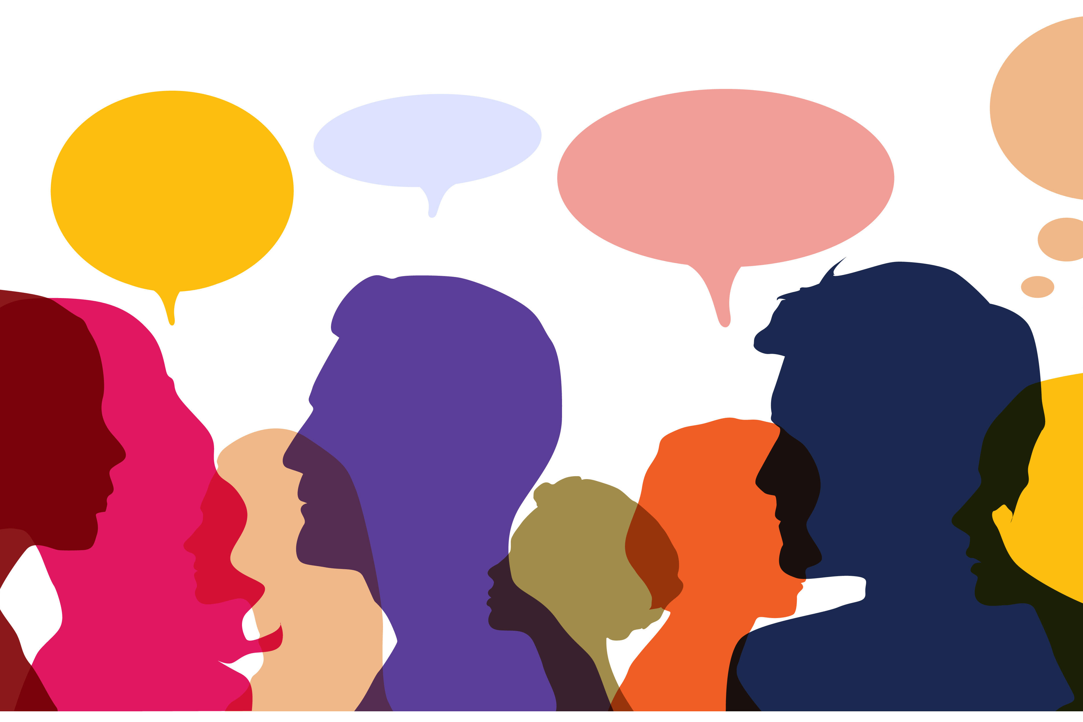 Bunt illustrierte Menschen mit Sprechblasen