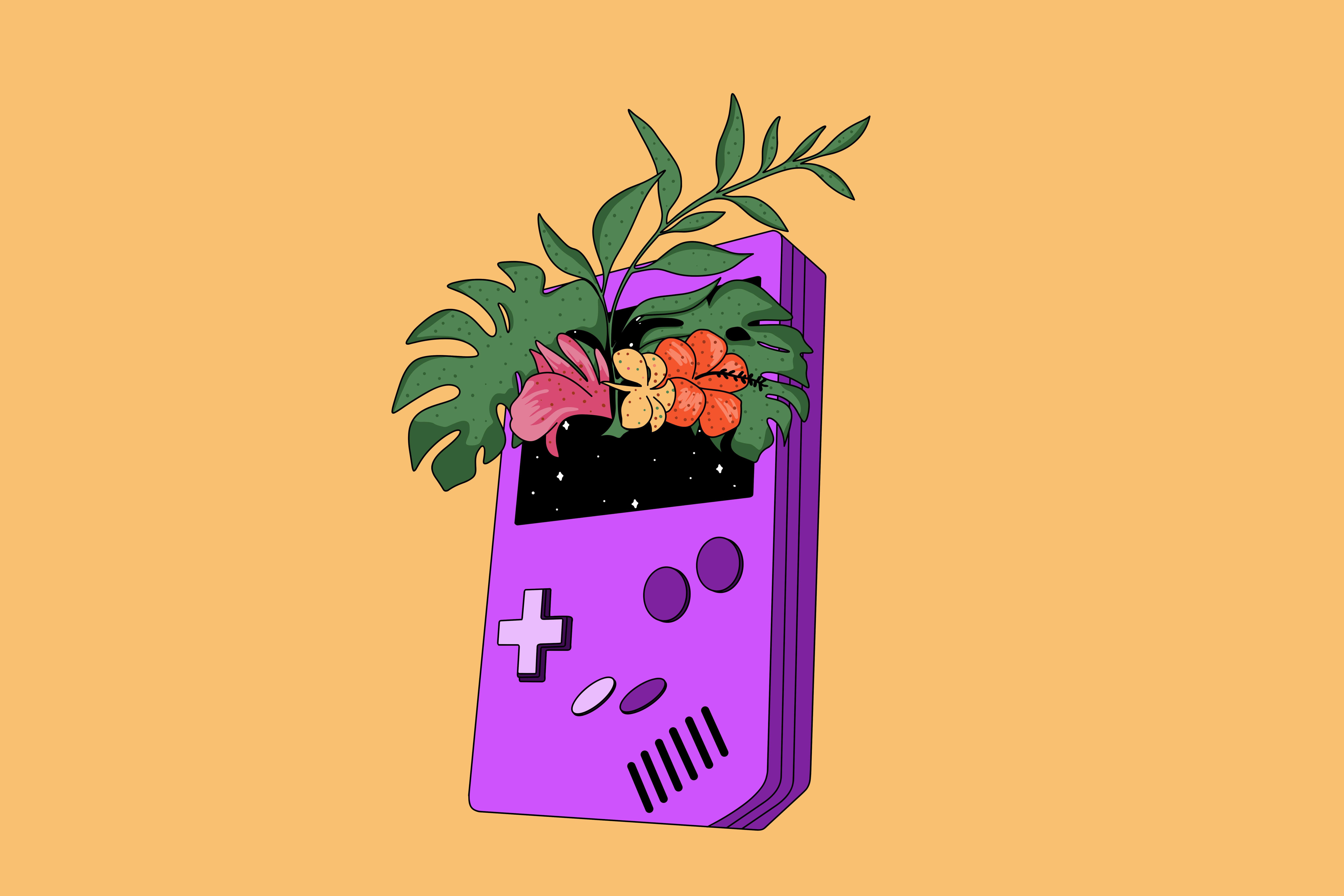 Grafik einer Spielekonsole aus deren Bildschirm Pflanzen wachsen