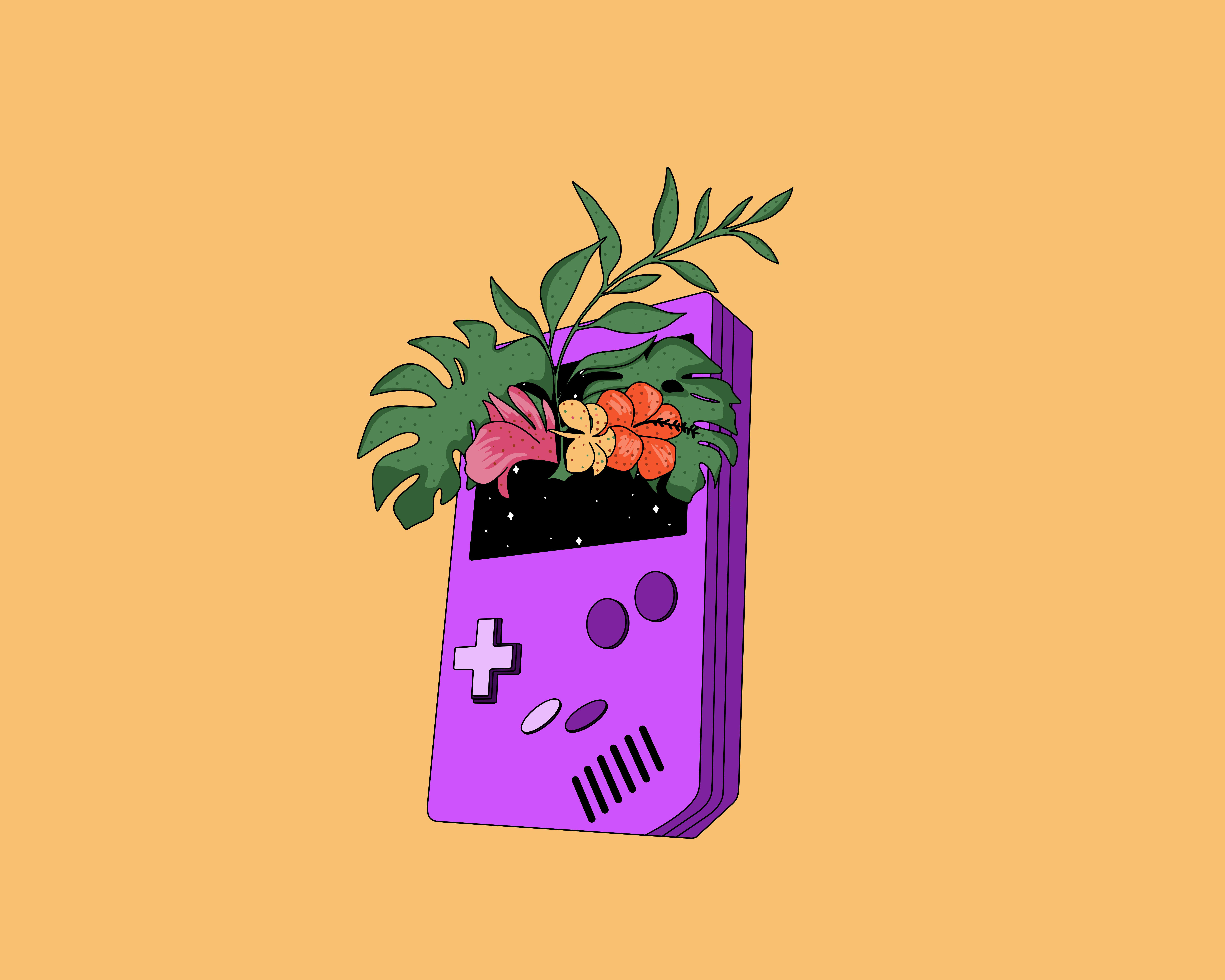 Grafik einer Spielekonsole aus deren Bildschirm Pflanzen wachsen