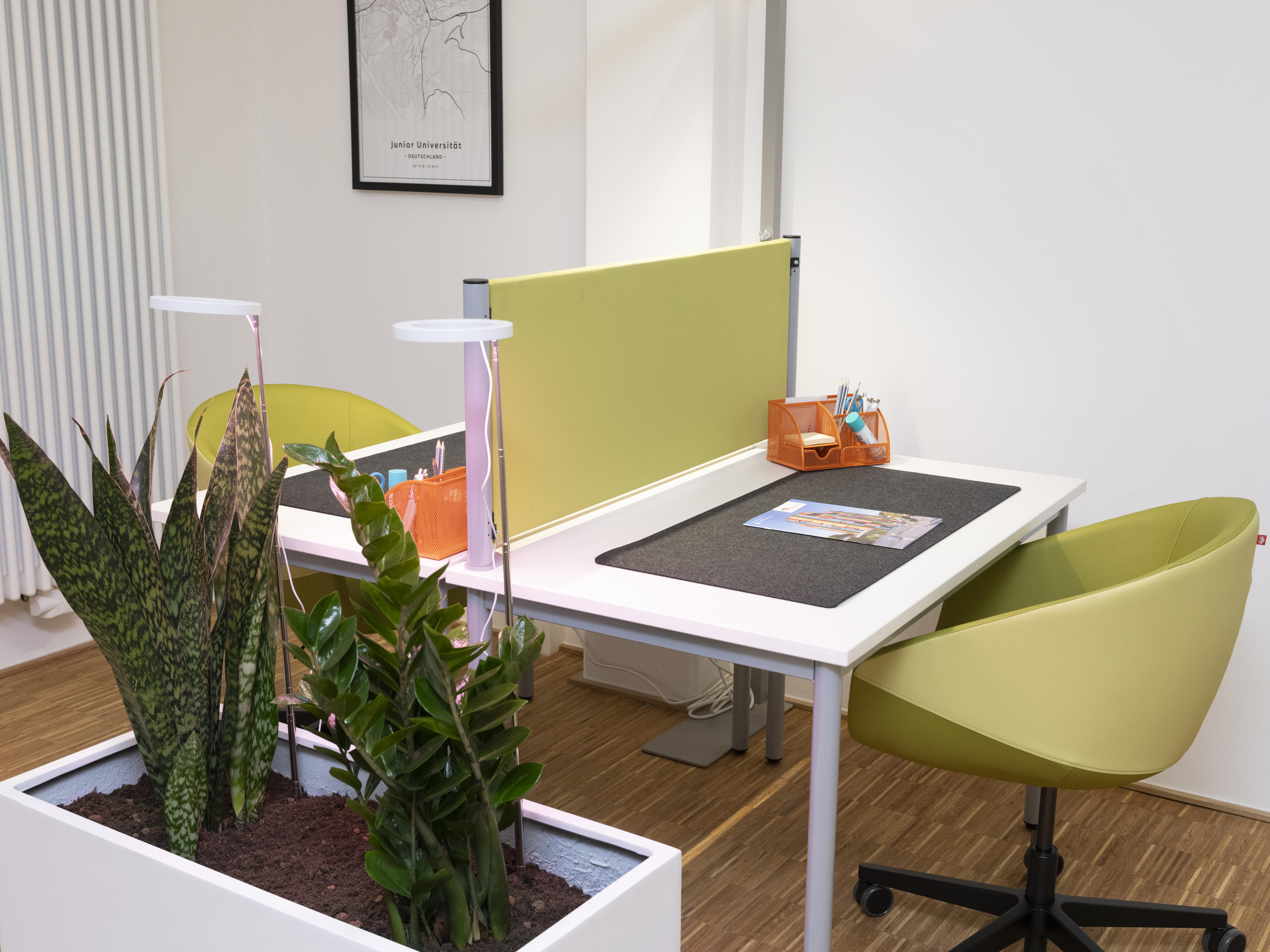 Workingspace in Peter's Corner der Junior Uni Daun: Arbeitsplatz für zwei Personen mit halbhoher Akustiktrennwand zwischen den gegenüberliegenden Sitzplätzen.