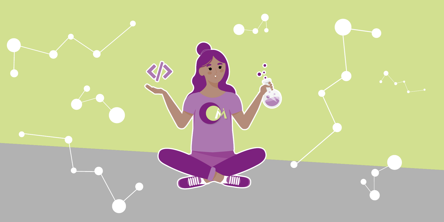 Auf einem hellgrau und hellgrünen Hintergrund ist eine Illustration von einem Mädchen im Schneidersitz zu sehen. Das Mädchen hat lila Haare und lila Kleidung. Auf dem T-Shirt ist das Logo von CyberMentor abgebildet. In der linken Hand hält das Mädchen einen Erlenmeyerkolben mit einer blubbernden Flüssigkeit. Über der rechten Hand schweben zwei eckige Klammern, als Symbol für die Informatik.