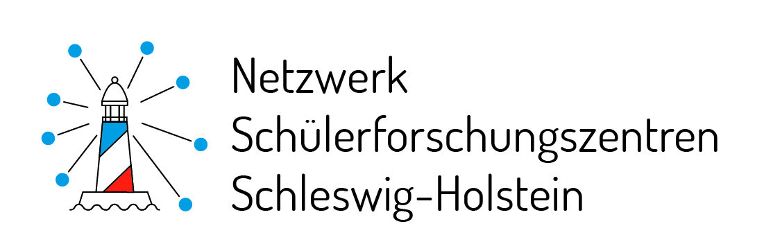 Leuchtturm in den Farben Schleswig-Holsteins mit Strahlen in Richtungen der Standorte des Netzwerks Schülerforschungszentren Schleswig-Holstein