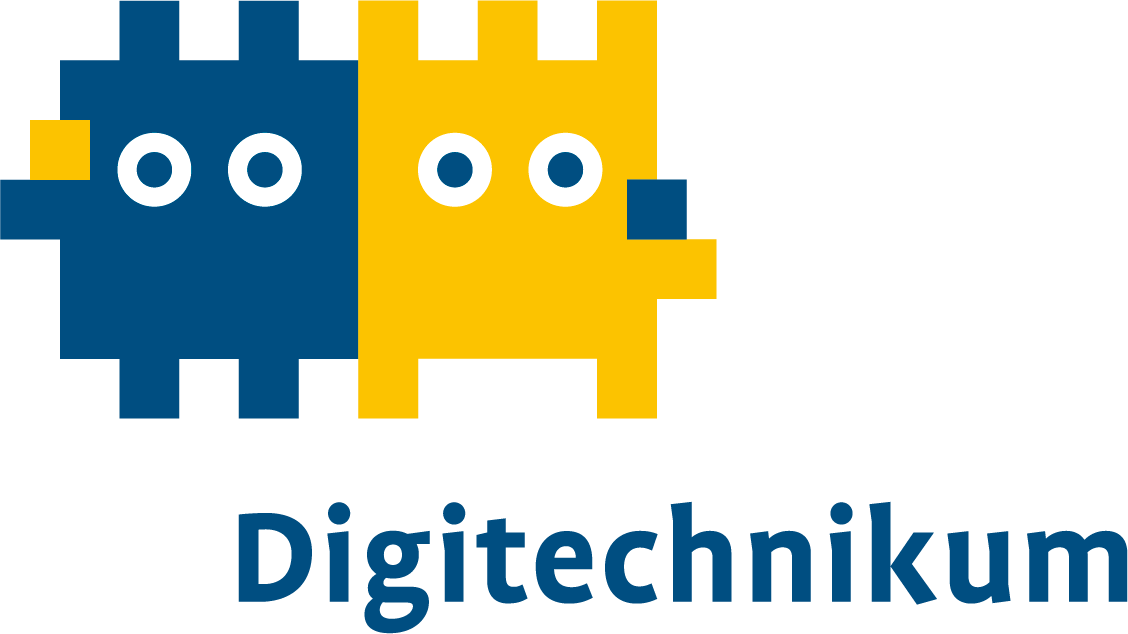 Die beiden comic-haften Charaktere des Digitechnikums, in Form einer blauen und gelben Platine und mit Augen, sowie der Schriftzug des Projekts.