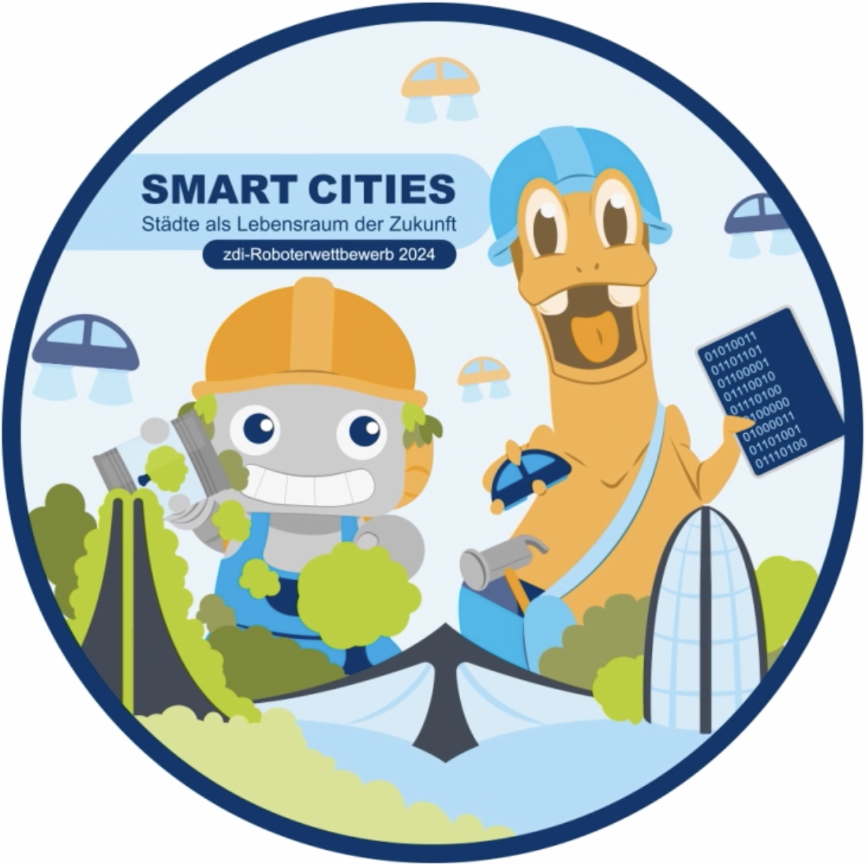 Das Bild zeigt das Logo des zdi-Roboterwettbewerbs 2024 mit dem Motto: Smart Cities - Städte als Lebensraum der Zukunft. Man sieht einen Roboter und einen Dinosaurier mit Schutzhelmen, die zusammen eine futuristische Stadt aufbauen. Im Hintergrund fliegen Autos.