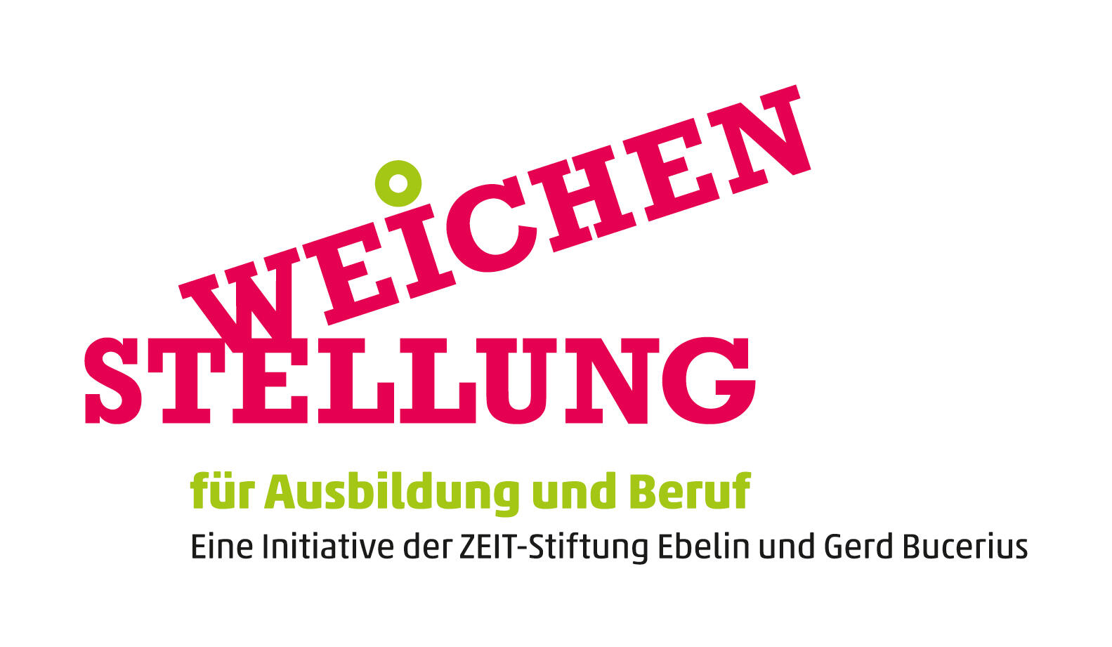 Sie sehen das Logo des Projekts WEICHENSTELLUNG für Ausbildung und Beruf. Der Schriftzug WEICHENSTELLUNG hat die Form einer Weiche mit Farben rot und grün. Der grüne I-Punkt ist die Schaffnerkelle.