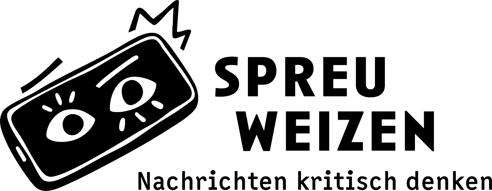 Das Logo zeigt ein Smartphone mit einem Augenpaar. Daneben steht SPREUWEIZEN. Nachrichten kritisch denken.