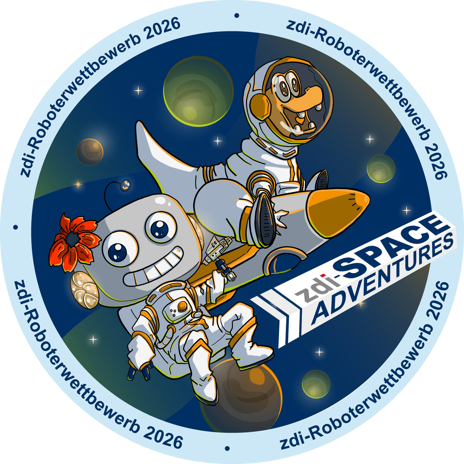 Das Bild zeigt das Logo des zdi-Roboterwettbewerbs 2026 mit dem Motto: zdi-Space Adventures. Man sieht den Roboter Ruby und den Dinosaurier Schräubchen in Weltraum-Anzügen im All schweben. Schräubchen reitet auf einer Rakete.