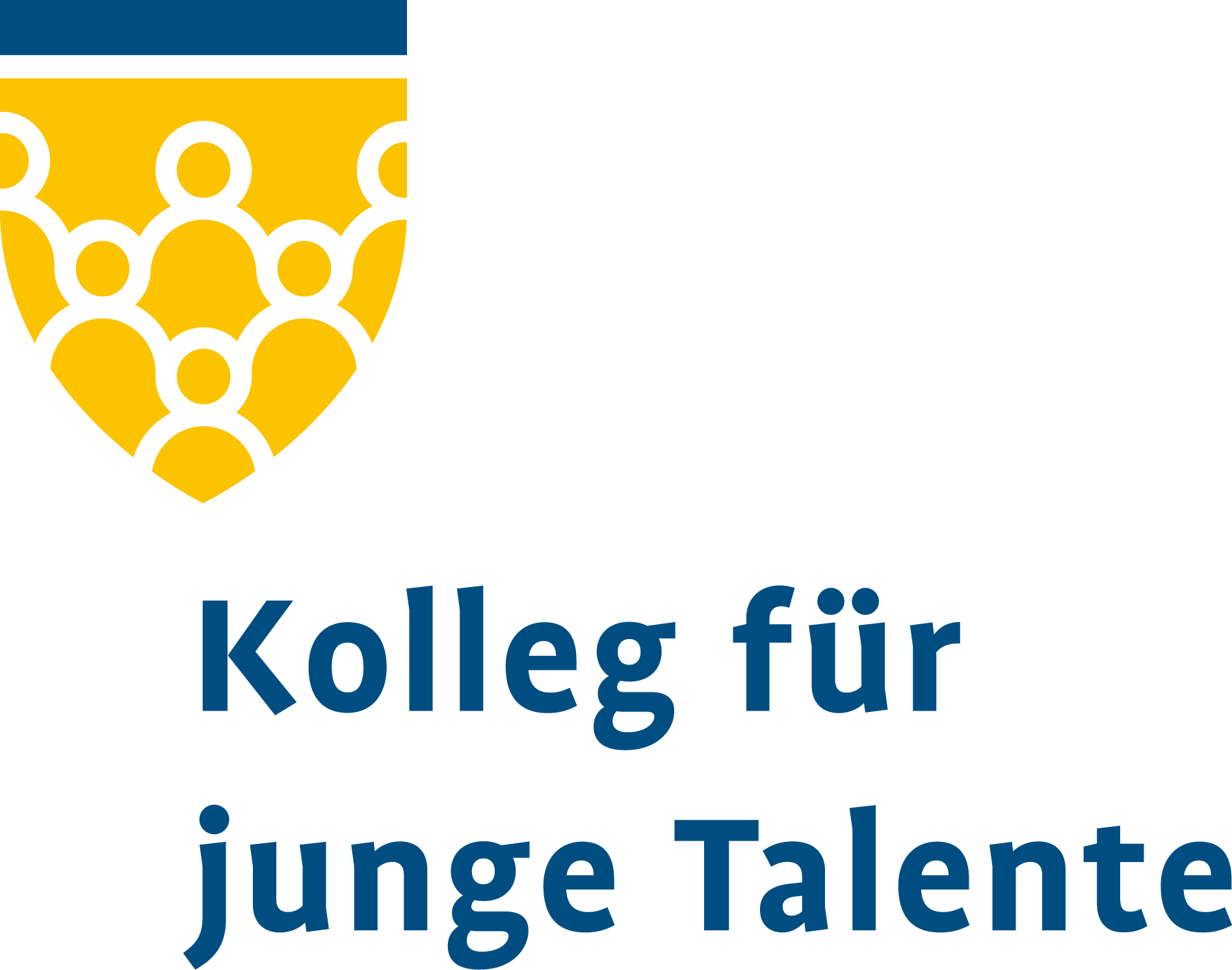 Das Kolleg für junge Talente Logo zeigt einen quasi gelben Schild, der aus Personenumrissen besteht, und oben drüber einen blauen Querstrich hat.