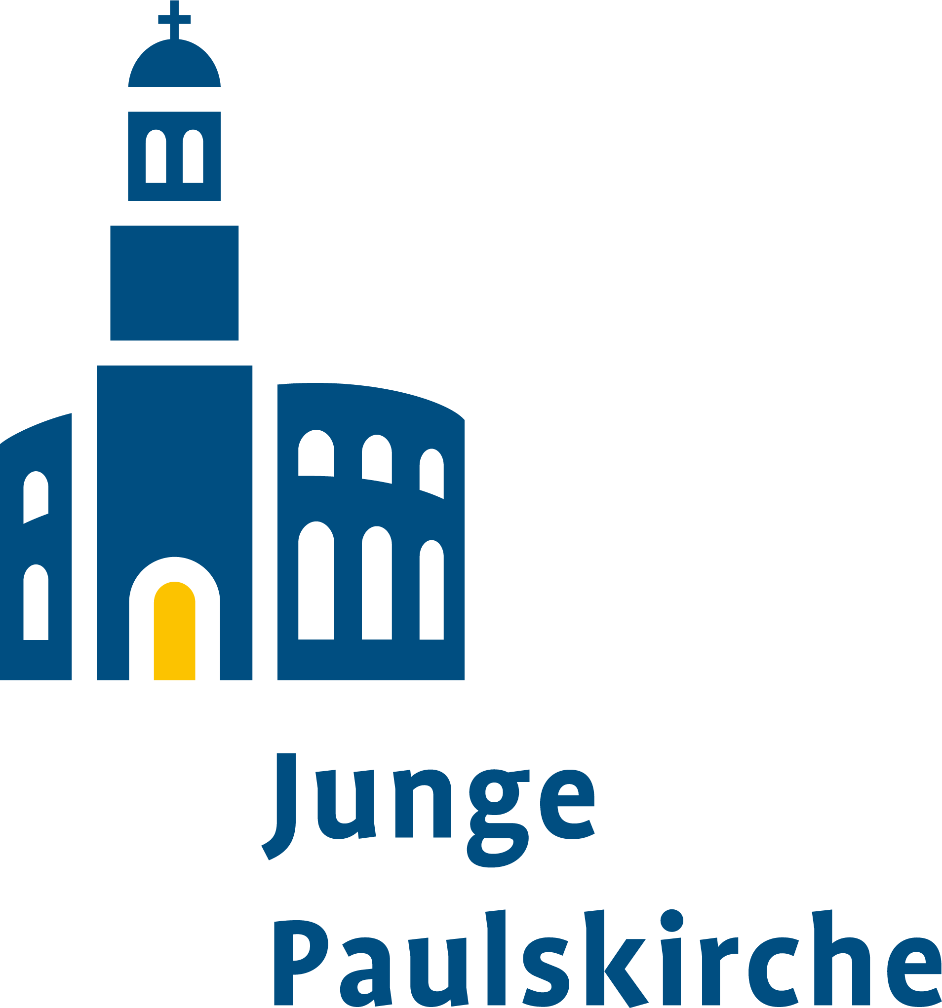Das Logo zeigt eine abstrahierte Version der Paulskirche in blau mit einer gelben Pforte.