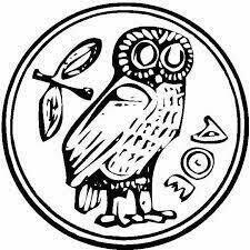 stilisierte Darstellung einer antiken Tetradrachme mit der für Athen üblichen Eule (Steinkauz) als Wahrzeichen