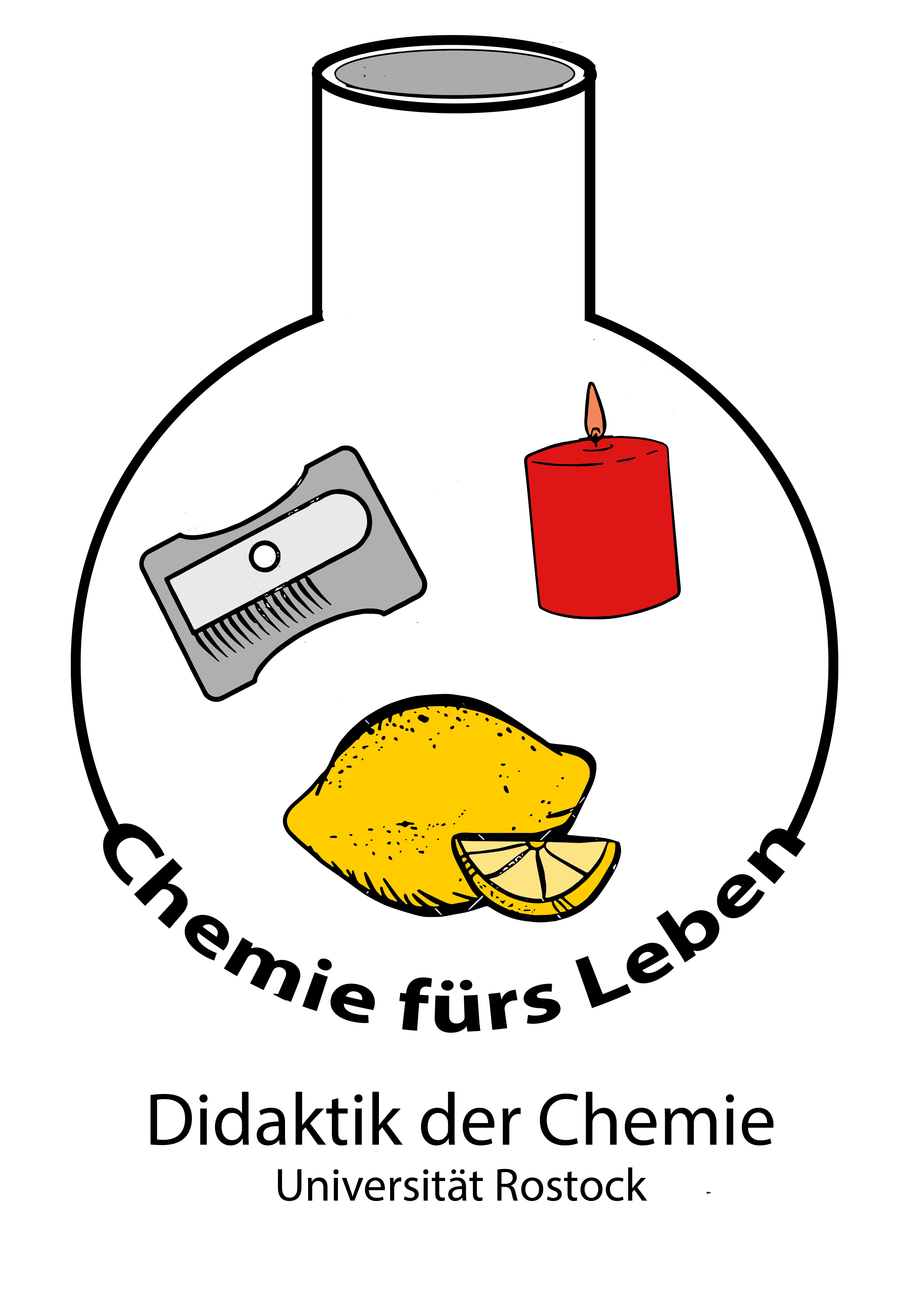 Rundkolben mit Anspitzer, Kerze und Zitrone in der Mitte