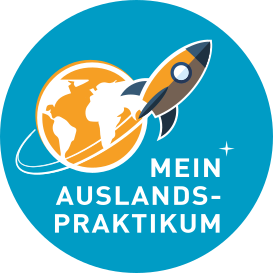 Logo: Eine Rakete schießt um die Weltkugel. Daneben der Schriftzug MeinAuslandspraktikum