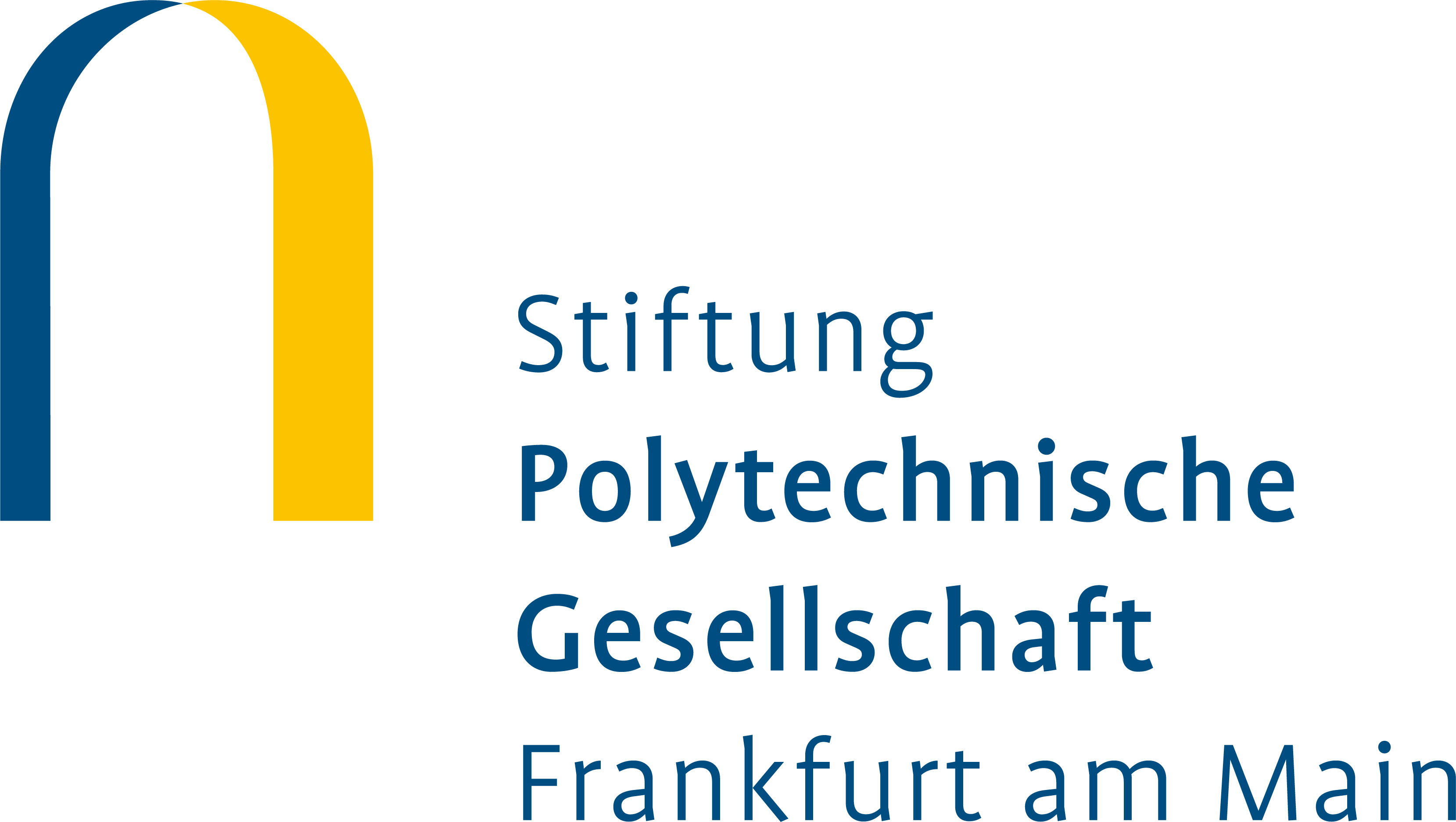 Das Logo der Stiftung Polytechnische Gesellschaft Frankfurt am Main. Es handelt sich um eine Abstraktion eines Bienenkorbs, ein blauer Bogen links, ein gelber Bogen rechts. Es sieht aus wie ein umgedrehtes "U".