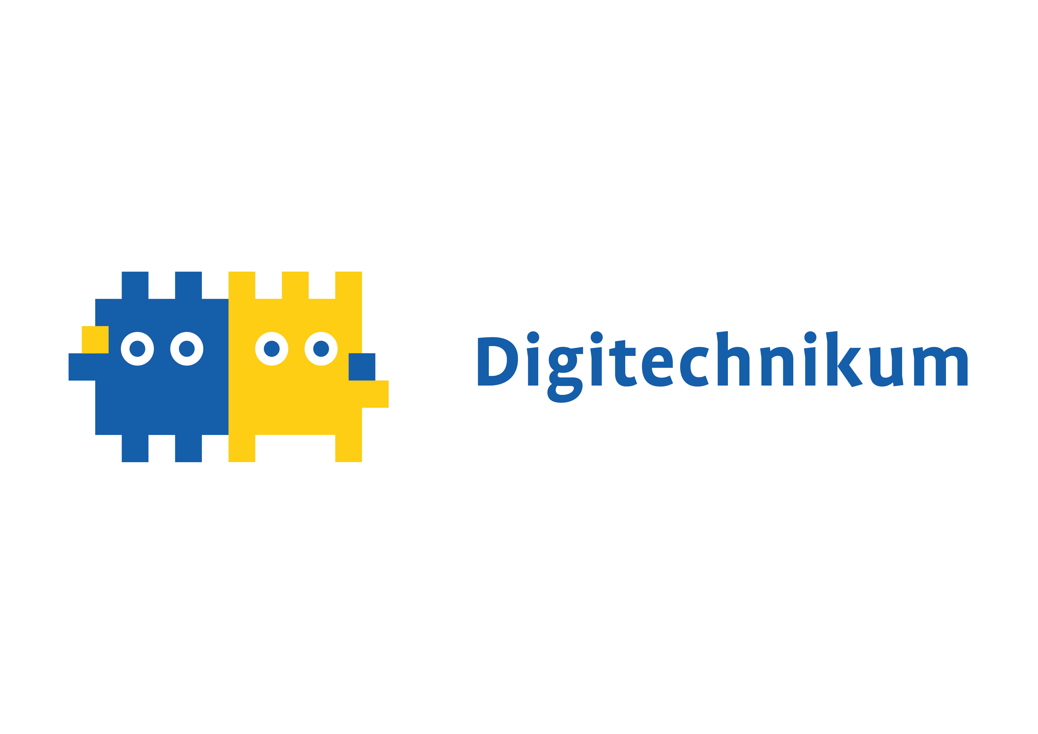 Die beiden comic-haften Charaktere des Digitechnikums, in Form einer blauen und gelben Platine und mit Augen, sowie der Schriftzug des Projekts.