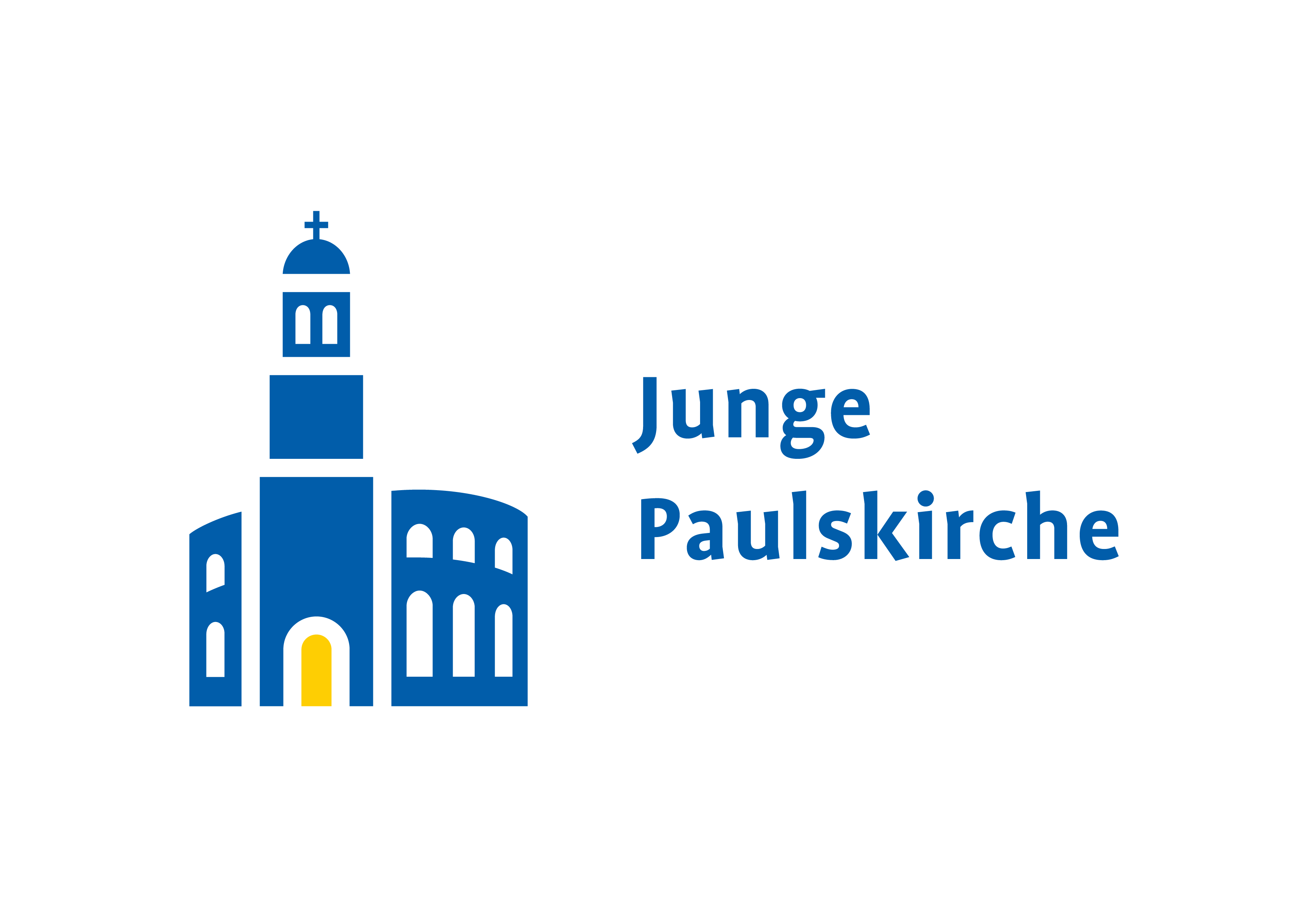 Das Logo zeigt eine abstrahierte Version der Paulskirche in blau mit einer gelben Pforte.