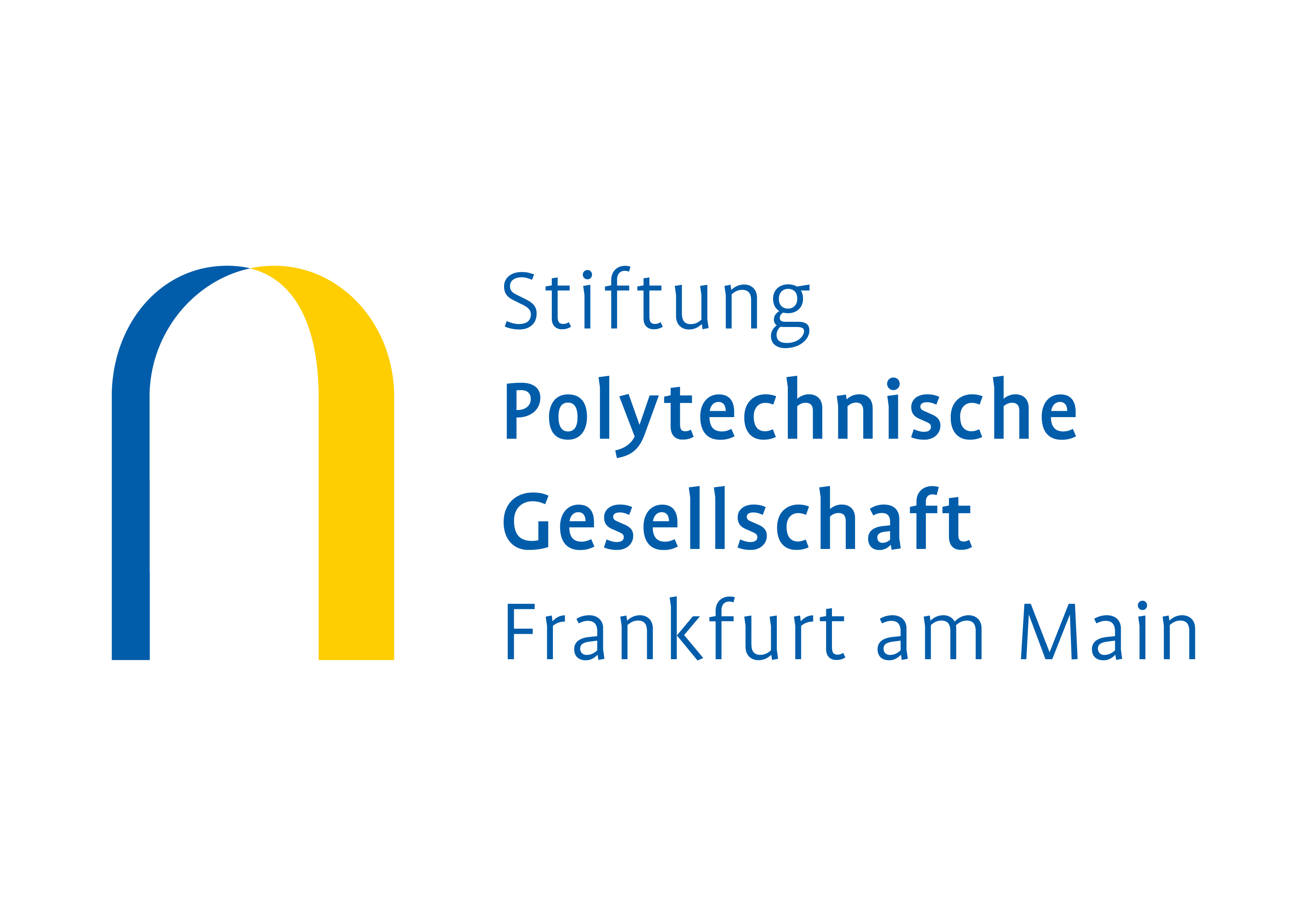 Das Logo der Stiftung Polytechnische Gesellschaft Frankfurt am Main. Es handelt sich um eine Abstraktion eines Bienenkorbs, ein blauer Bogen links, ein gelber Bogen rechts. Es sieht aus wie ein umgedrehtes "U".