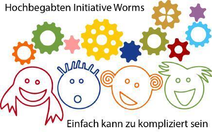 Vier Köpfe mit darüber befindlichen Zahnrädern: das Logo der Hochbegabten Initiative Worms
mit dem Untertitel "Einfach kann zu kompliziert sein"