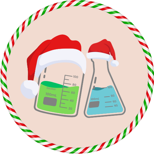 Becherglas und Erlenmeyerkolben mit Weihnachtsmütze umgeben von einem rot, grün, weiß gebänderten Ring