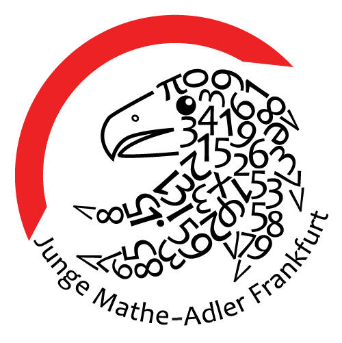 Ein Kreis mit rotem Rand und der Schrift "Junge Mathe-Adler Frankfurt" dem ein Adler, zusammengesetzt aus verschiedenen Zahlen, einbeschrieben ist.