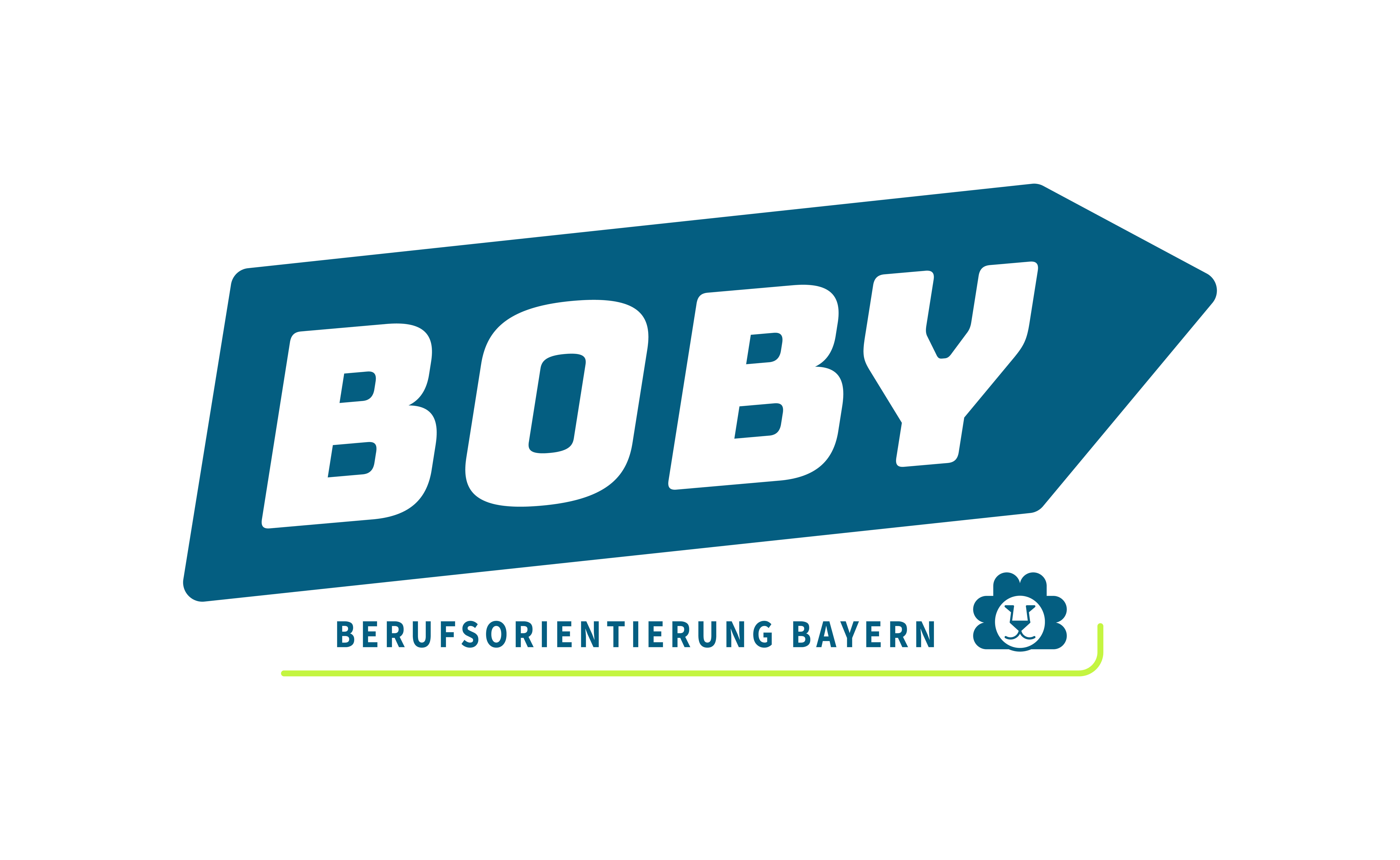 In einem blauen Wegweiserpfeil steht "BOBY". Darunter steht in kleiner Schrift "Berufsorientierung Bayern". Daneben ist ein kleiner Löwenkopf abgebildet.