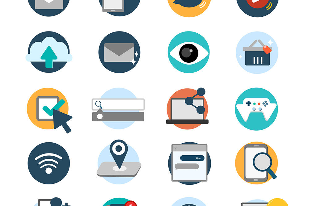 Eine Ansammlung von Icons von Social Media und digitalen Medien.